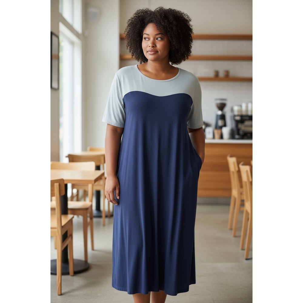 Loveappella Navy Blue Light Blue Gray Colorblock‎ Midi Dress Plus Size 3X